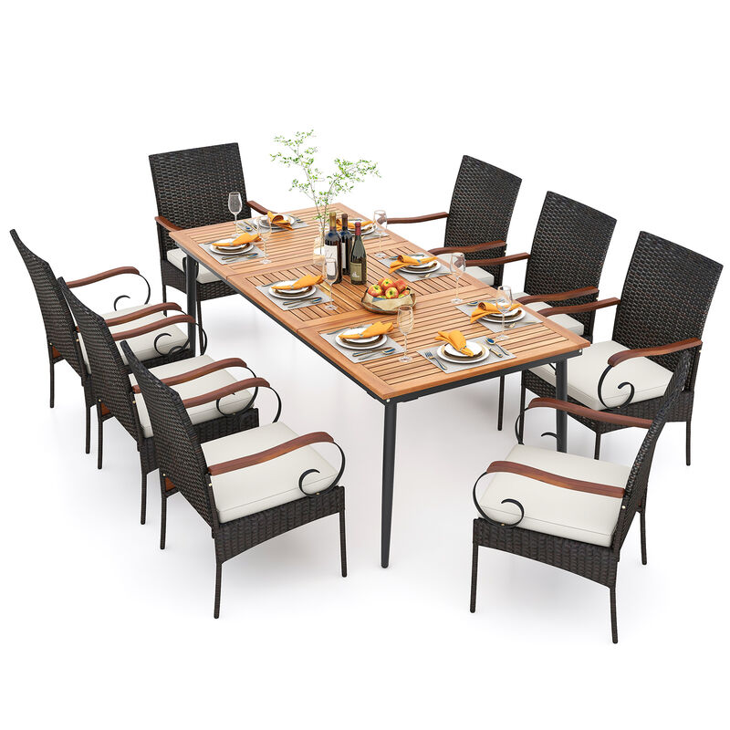 Outdoor Dining Table and 8 Rattan-woven Dining Chairs with Acacia Wood Tabletop