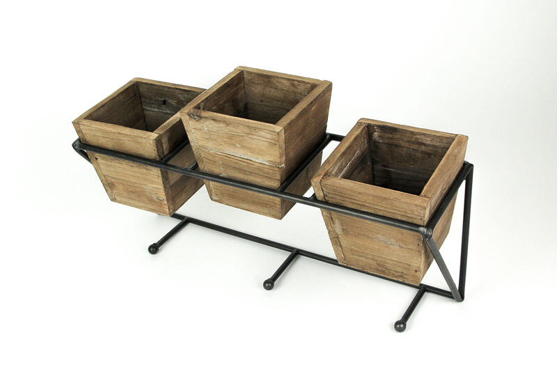 Wood and Wrought Iron Triple Planter Wall Hook Rack image number 1