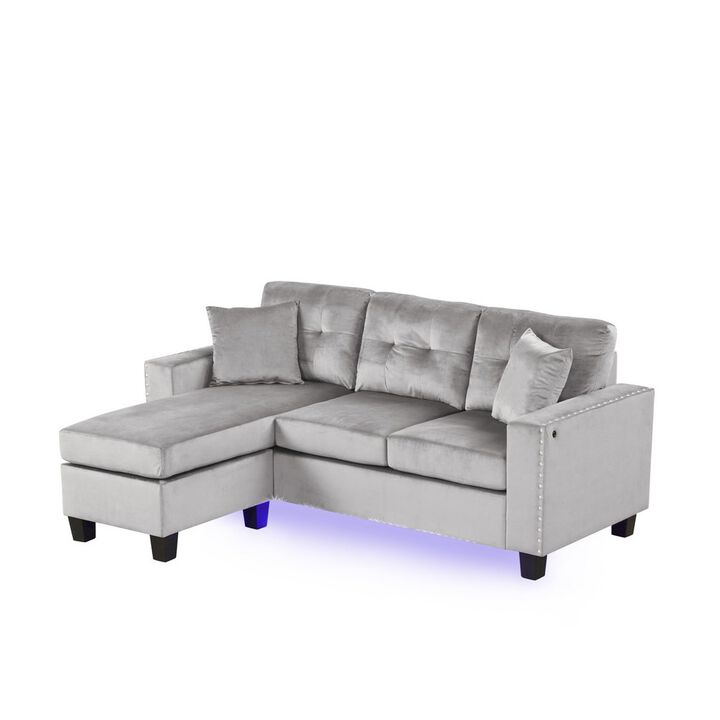 Lilola Home 74W Gray Velvet Reversible Sectional Sofa Chaise