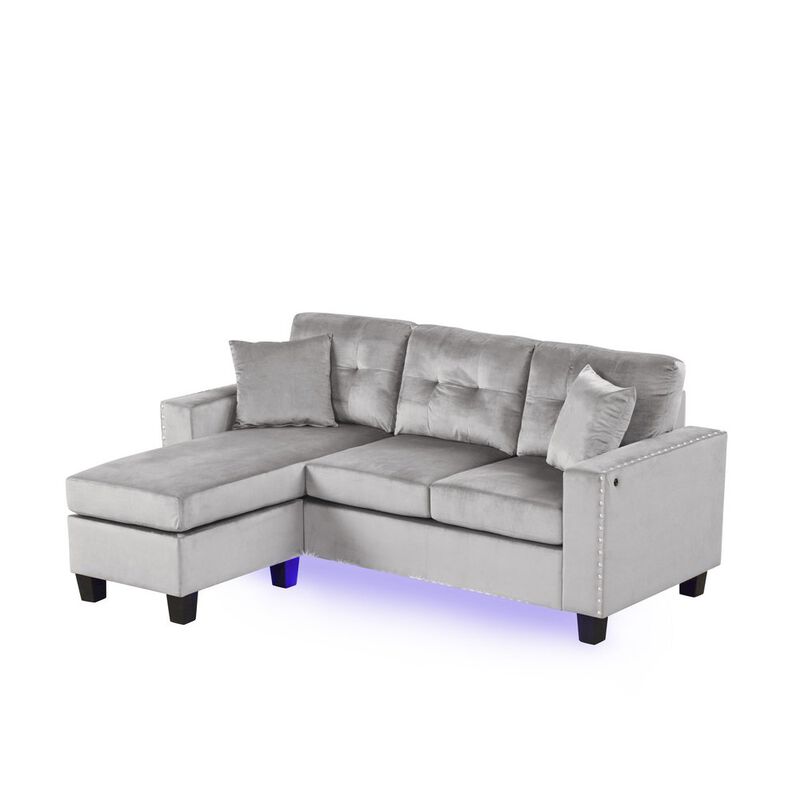 Lilola Home 74W Gray Velvet Reversible Sectional Sofa Chaise