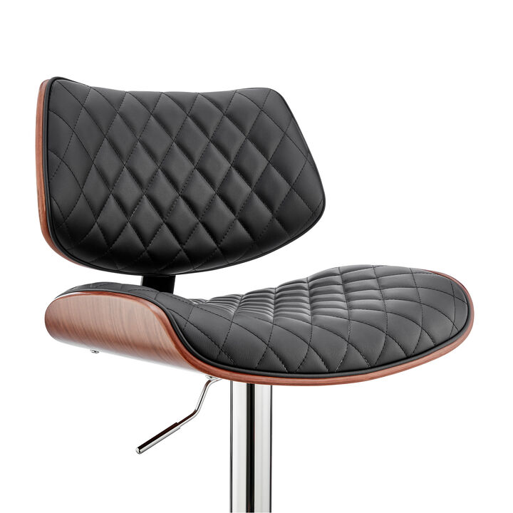 Metal and Faux Leather Adjustable Bar Stool, Black and Silver - Benzara