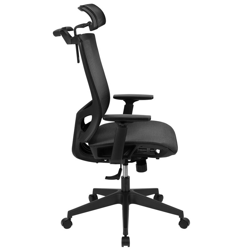 Layla Ergonomic Mesh Office Chair with Synchro-Tilt, Pivot Adjustable Headrest, Lumbar Support, Coat Hanger and Adjustable Arms in Black image number 7