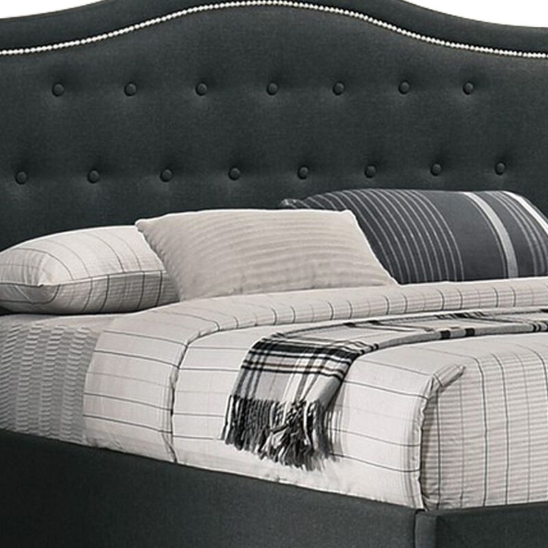 Buk California King Bed, Upholstered Tufted Headboard, Charcoal Burlap  - Benzara