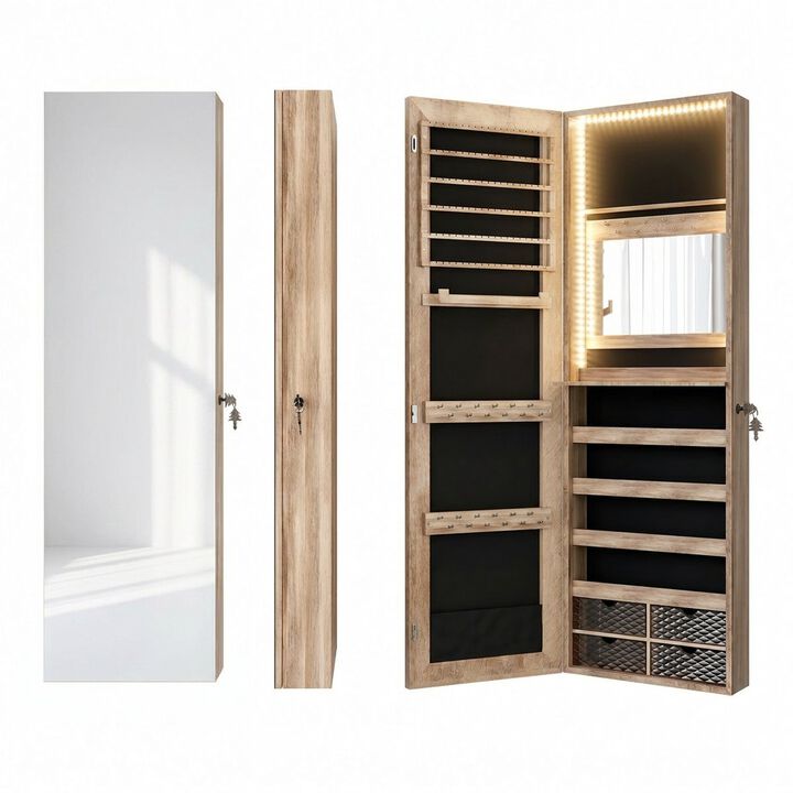 Wall Mounted Jewelry Cabinet with Full Length Mirror, LED Lights, Lockable Storage and Over The Door Design
