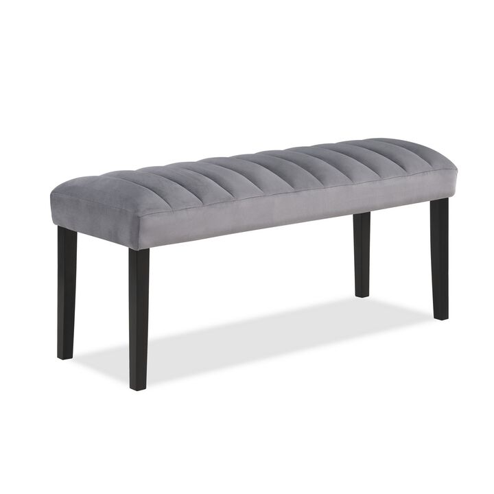 Marcus 46 Inch Dining Bench, Fabric Upholstery, Wood, Tufted, Gray, Black - Benzara