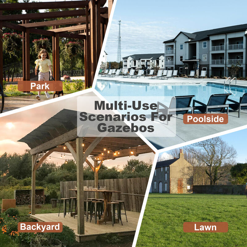 13' x 6.5' Wooden Pergola Grill Gazebo with Metal Roof & Bulbs & Bar Counters image number 8