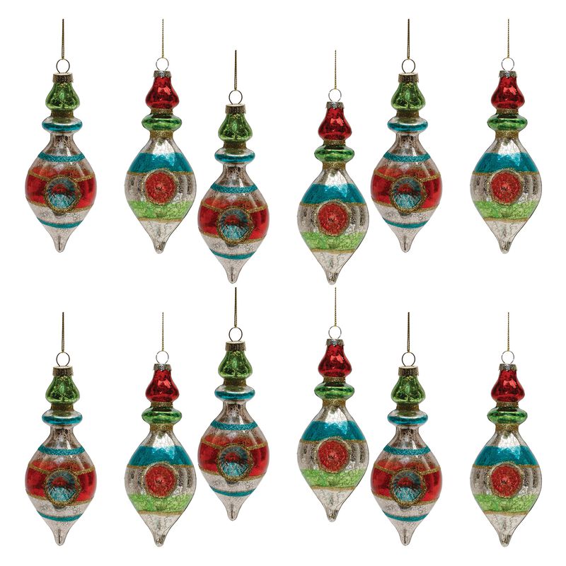Set of 12 Vintage-Style Mercury Glass Reflector Drop Ornaments for Tree Display