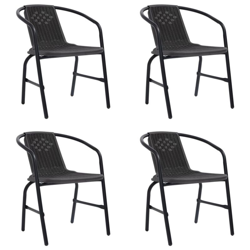 Outdoor Patio Chair Set of 4, Stackable, Plastic Rattan, Metal, Black - Benzara
