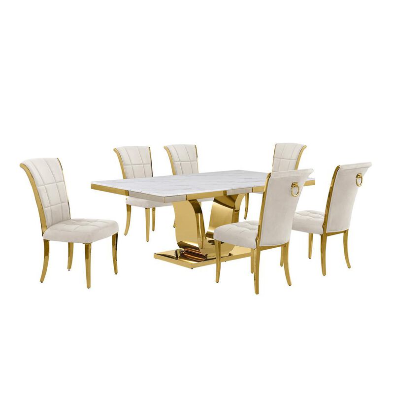 7pc Large(76") marble top dining set with gold base and 6 Cream side chairs image number 0