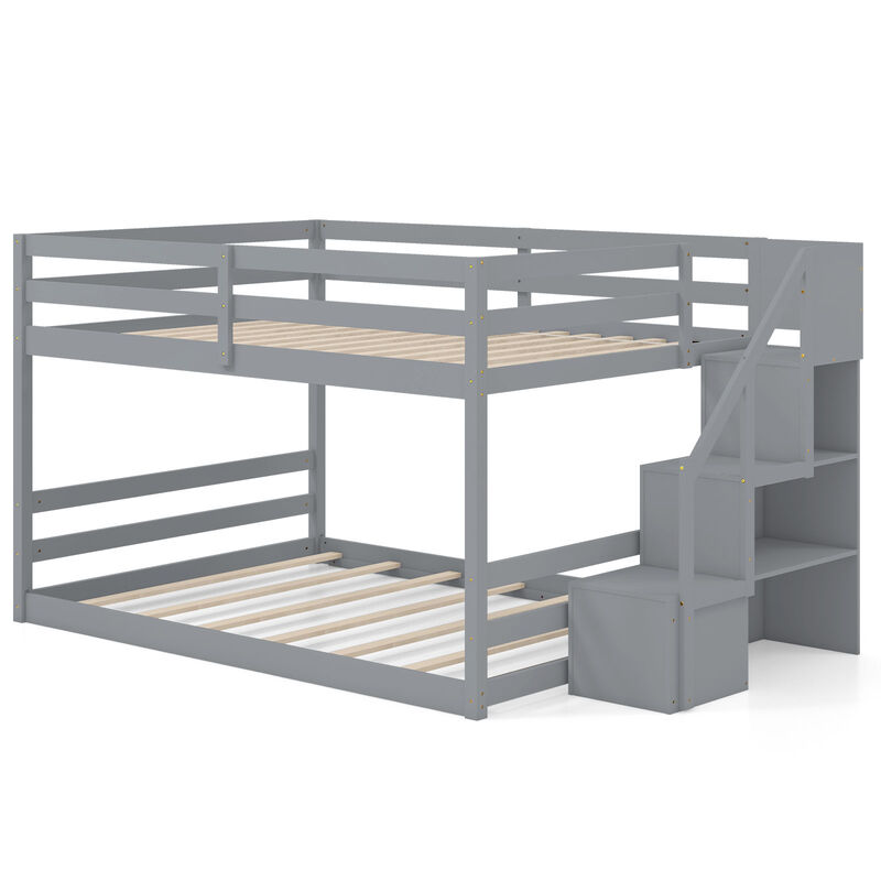 Full Over Full Low Bunk Bed Solid Wood Frame with Storage Stairs image number 0