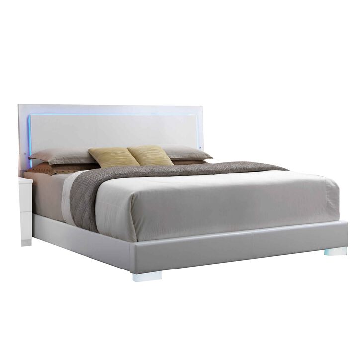 Leatherette Eastern King Bed with LED Panel Headboard and Chrome Legs,White-Benzara