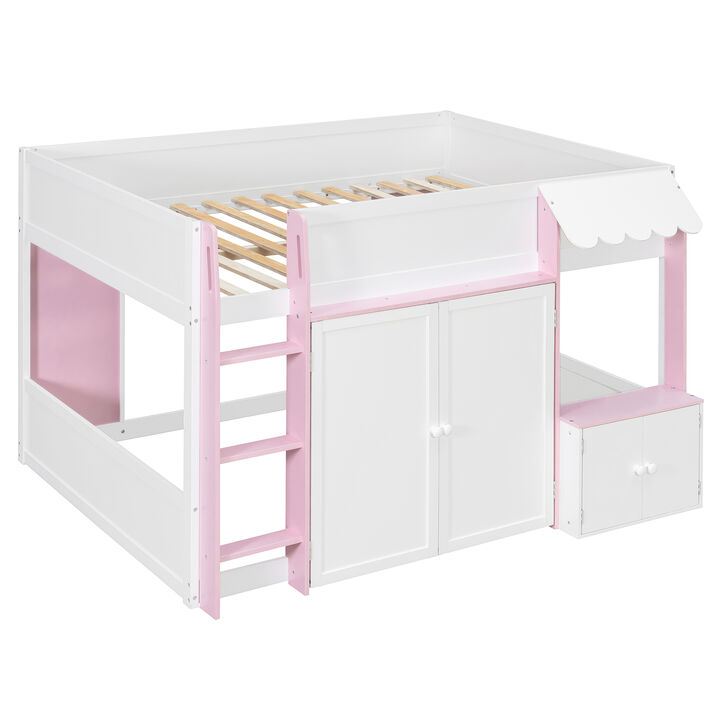 Merax Full Size Whimsical House Loft Bed with Awning & Open Play Zone