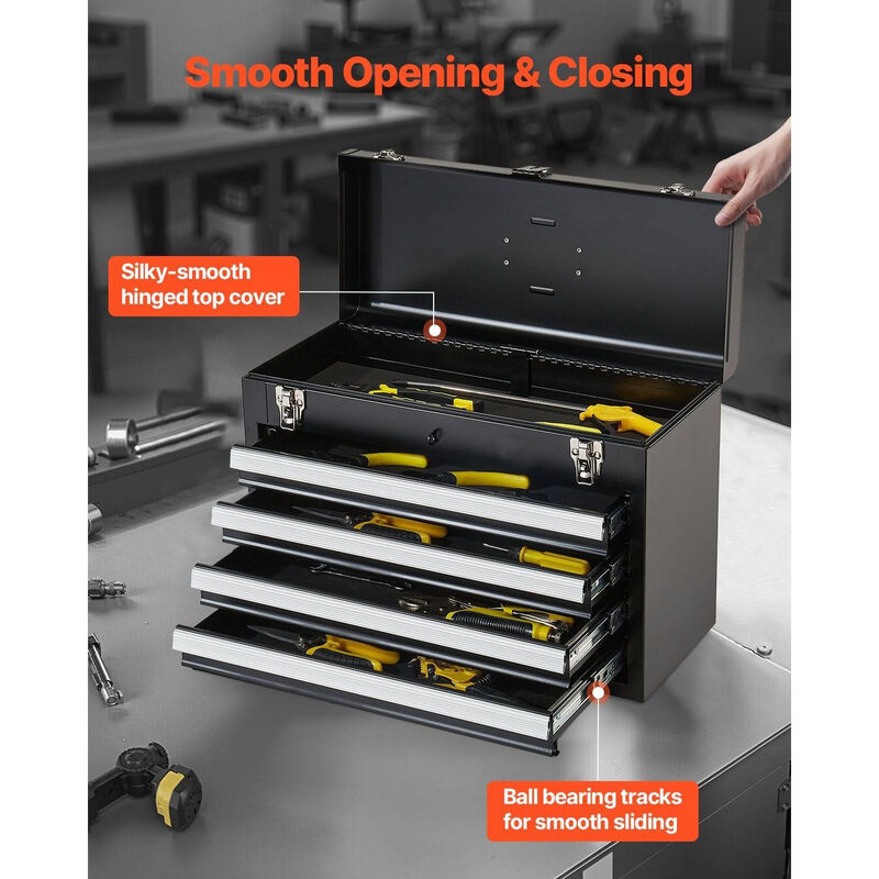 Portable Metal Tool Box with 4 Drawers, Locking Chest with EVA Liner and Ball Slides-Black image number 4