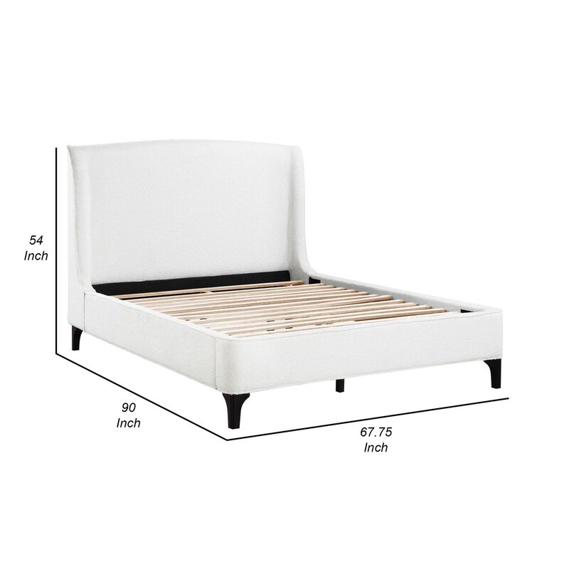 Benjara Mabe Queen Size Bed, Wingback Curved Headboard, White Fabric Upholstery