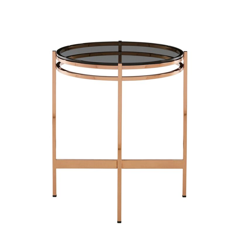 Cid 19 Inch Modern End Table, Black Glass Top, Rose Gold Legs-Benzara