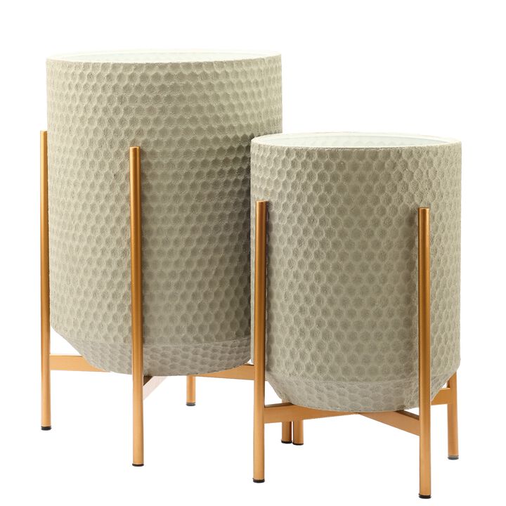 LuxenHome Set of 2 Gray Honeycomb Metal Cachepot Planters with Gold Stands