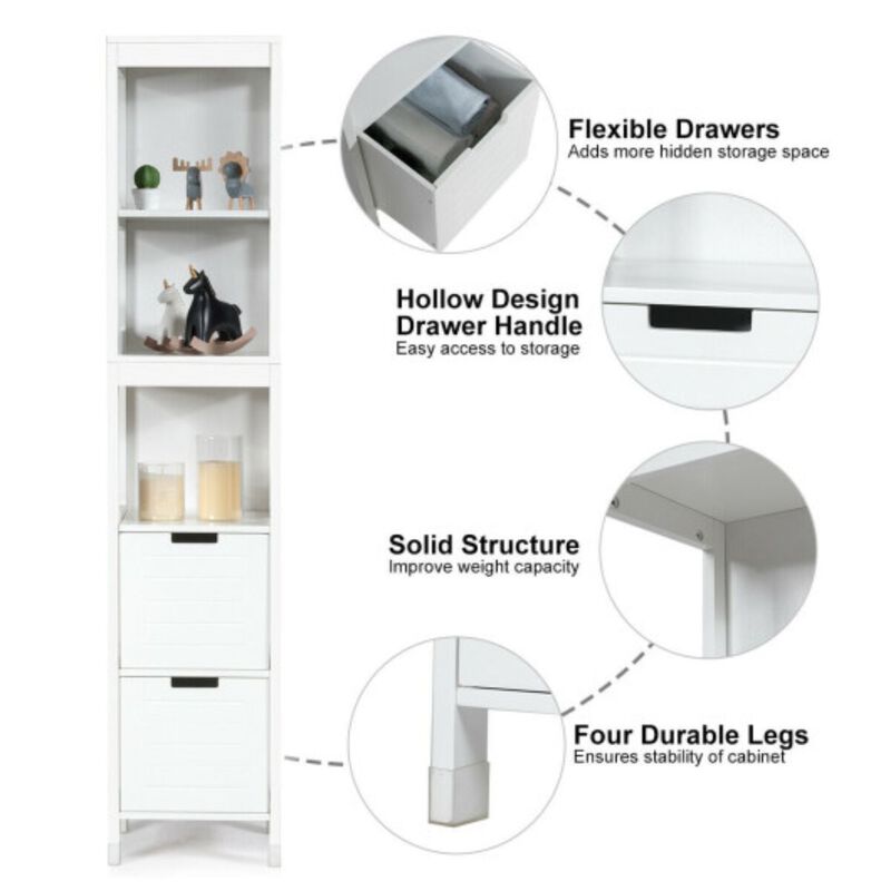 5-Tier Multifunctional  Bathroom Floor Cabine Storage with 2 Drawers - White