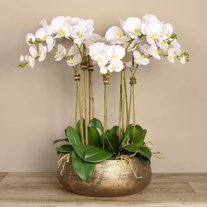 Faux Floral Arrangement - Pink Orchid Centerpiece In Gold Pot -  28"