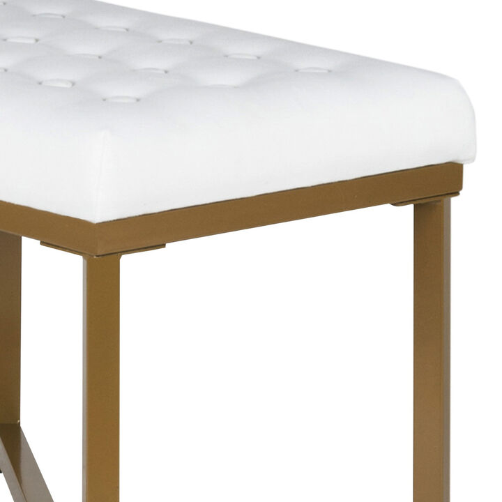 Metal Framed Bench with Button Tufted Velvet Upholstered Seat, White and Gold - Benzara