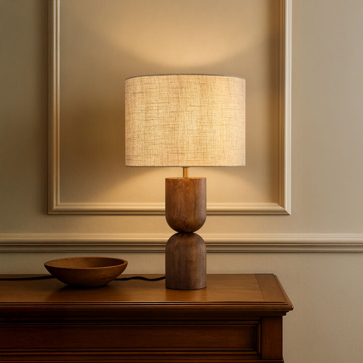 24'' Japandi Honey Brown Wood Base Bedside Table Lamp &ndash; Modern Classic Nightstand Lamp with Beige Linen Fabric Shade for Bedroom, Living Room