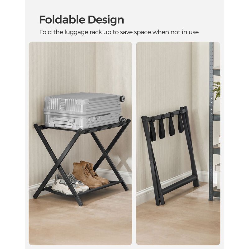Luggage Rack for Guest Room &ndash; Folding Suitcase Stand with Durable Straps and Wooden Frame