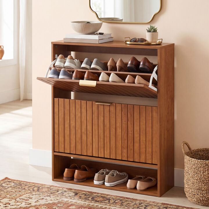 Modern Fluted Shoe Cabinet with Flip Drawers and Open Storage