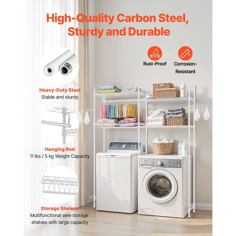 Laundry Room Storage Rack Over Washer Dryer with Hanging Rod and Hooks image number 6
