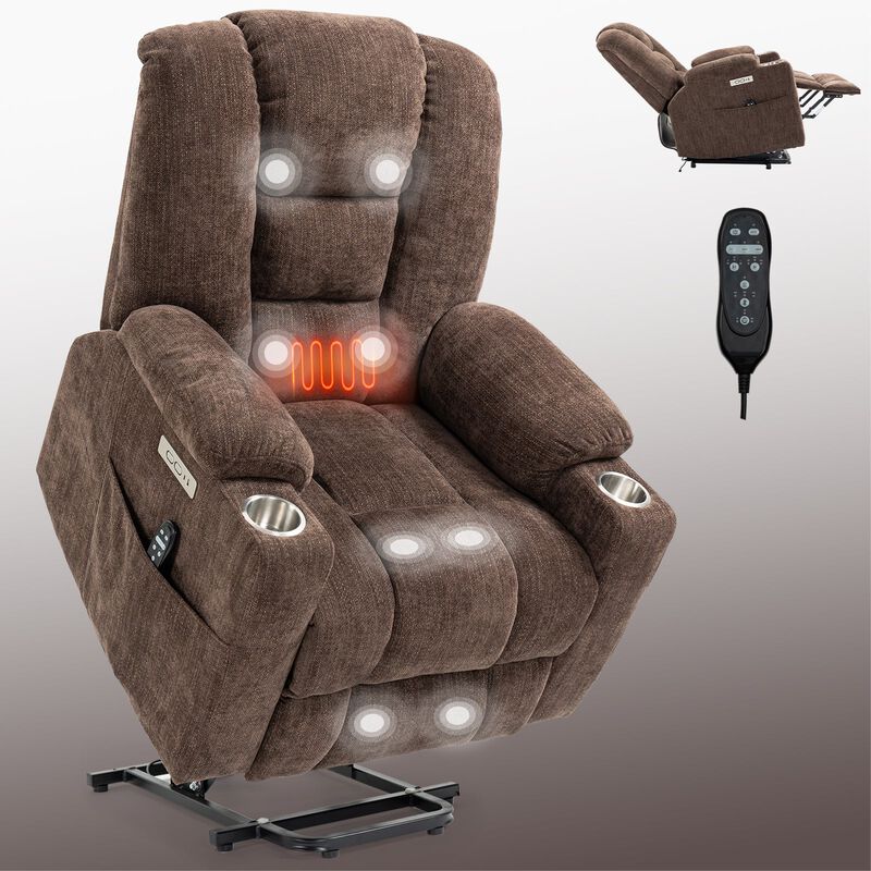 EMON'S Large Power Lift Recliner Chair with Massage and Heat for Elderly, Overstuffed Wide Recliners, Heavy Duty Motion Mechanism with USB and Type C Ports, 2 Steel Cup Holders