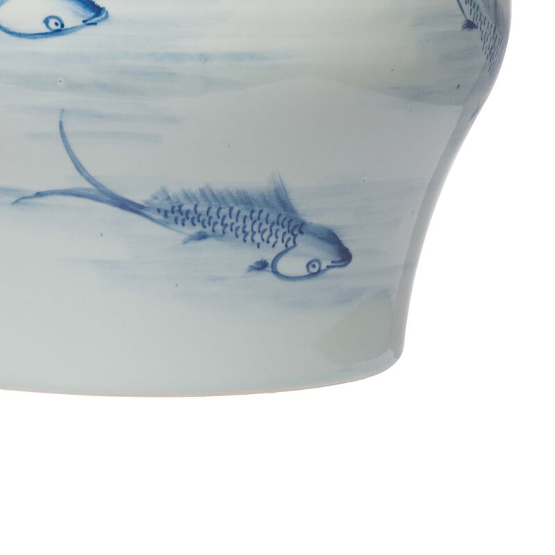 18 Inch Porcelain Ginger Jar, Artful Wispy Fish, Classic White and Blue - Benzara