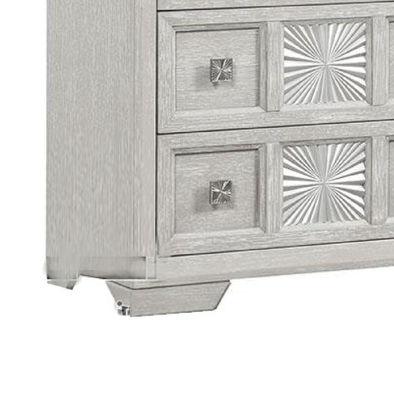 Diaz Tall Dresser Chest, 5 Drawers, Sunburst Metal Design, Light Gray - Benzara