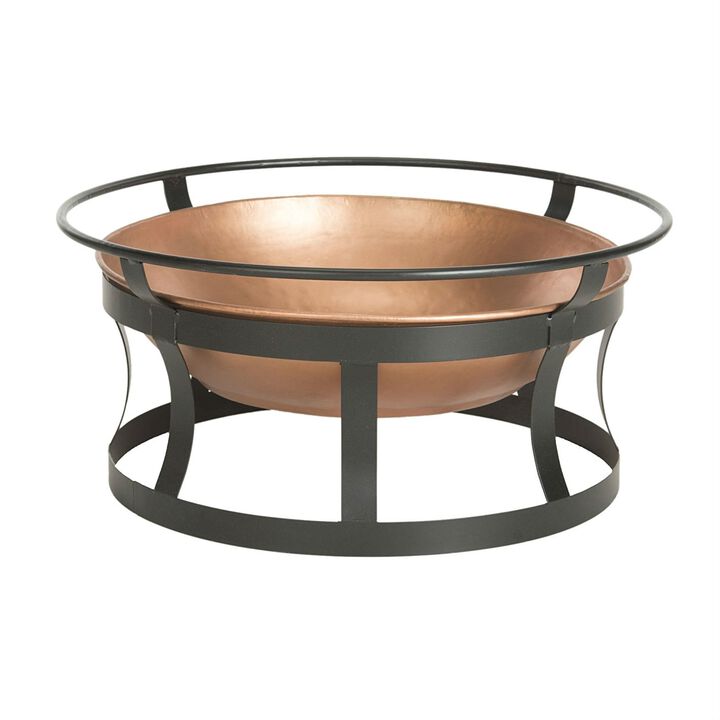 QuikFurn Copper Finish Fire Pit with Black Iron Stand Grate and Fire Poker