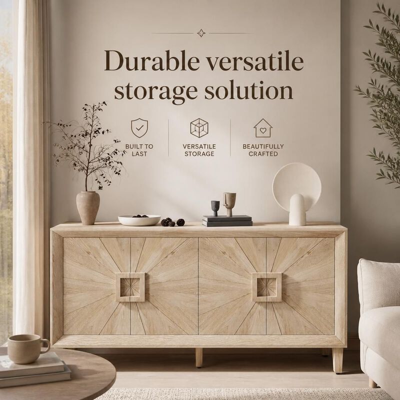 GOODSILO 60 Inch Rustic Farmhouse Credenza Storage Cabinet with Adjustable Shelves and Symmetrical Sunburst Door Design for Living Room Kitchen image number 4