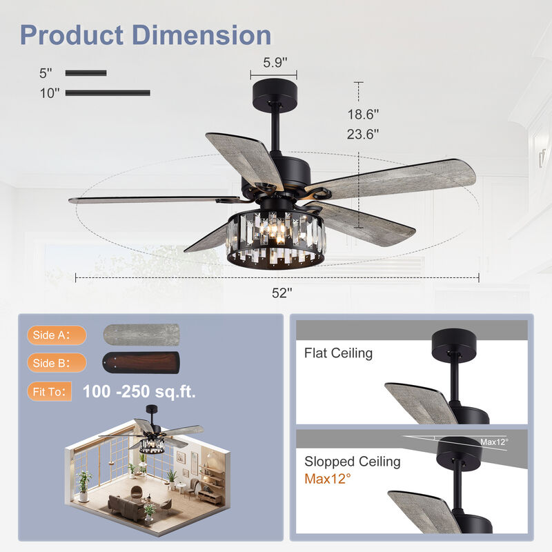 Breezary 52In Traditional Ceiling Fan with Light Kit, 5 Blades, E12 Bulbs need, 6 Speed, Reversible Indoor Ceiling Fan image number 6
