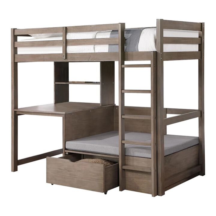 Cally Twin Loft Bed with Workstation Storage and Guardrails, Gray