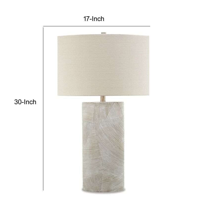 Bard 30 Inch Table Lamp, Accent Cylindrical Base, Ivory Oval Fabric Shade - Benzara