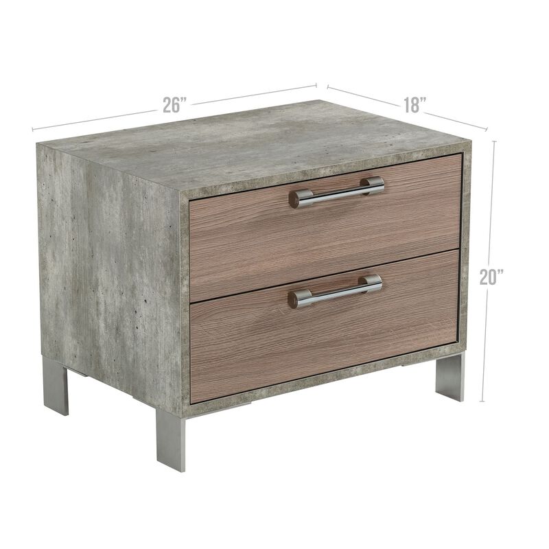 Noe Billy 26 Inch Nightstand, 2 Drawers, Gray Faux Concrete, Oak Laminate  - Benzara