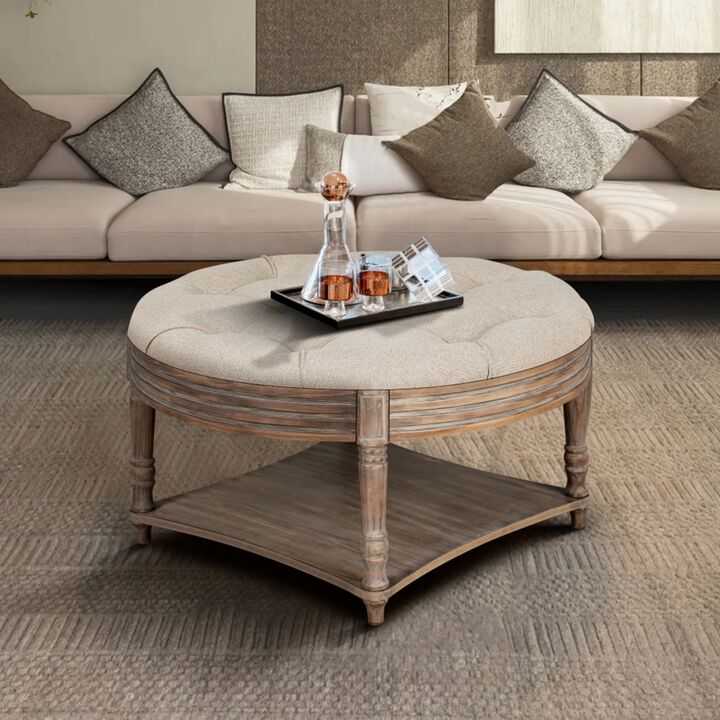 Plozup Large Round Tufted Linen Upholstered Ottoman Coffee Table