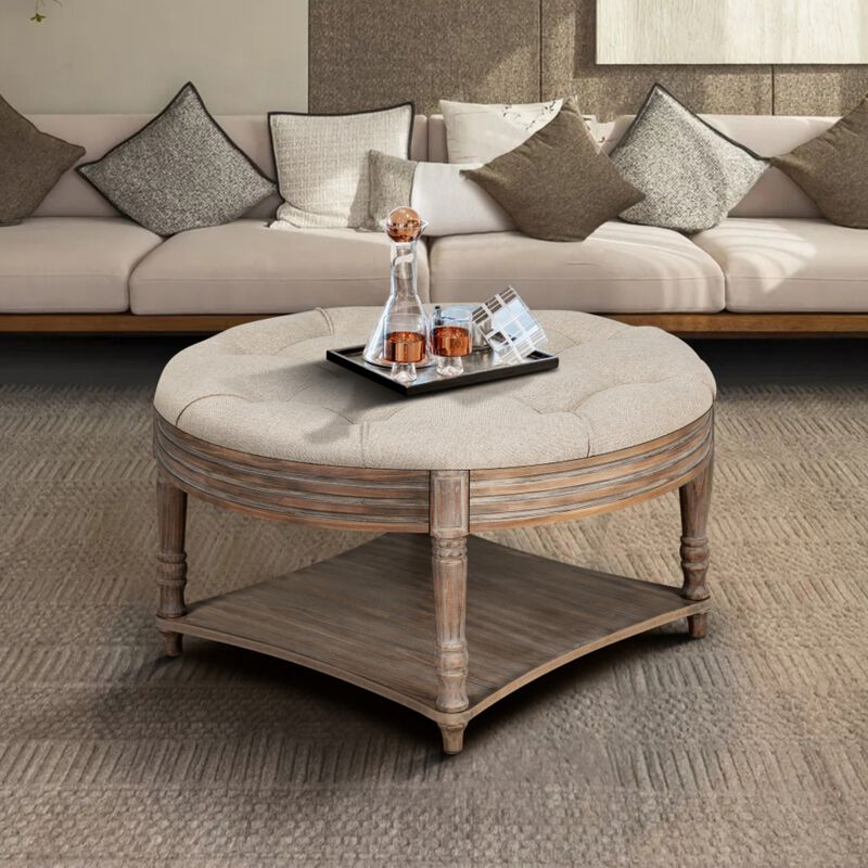 Plozup Large Round Tufted Linen Upholstered Ottoman Coffee Table image number 1
