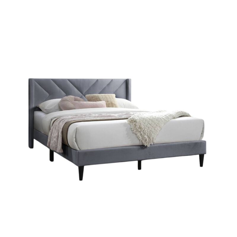 Reno Queen Size Bed, Modern X Channel Tufted Gray Velvet Upholstery - Benzara