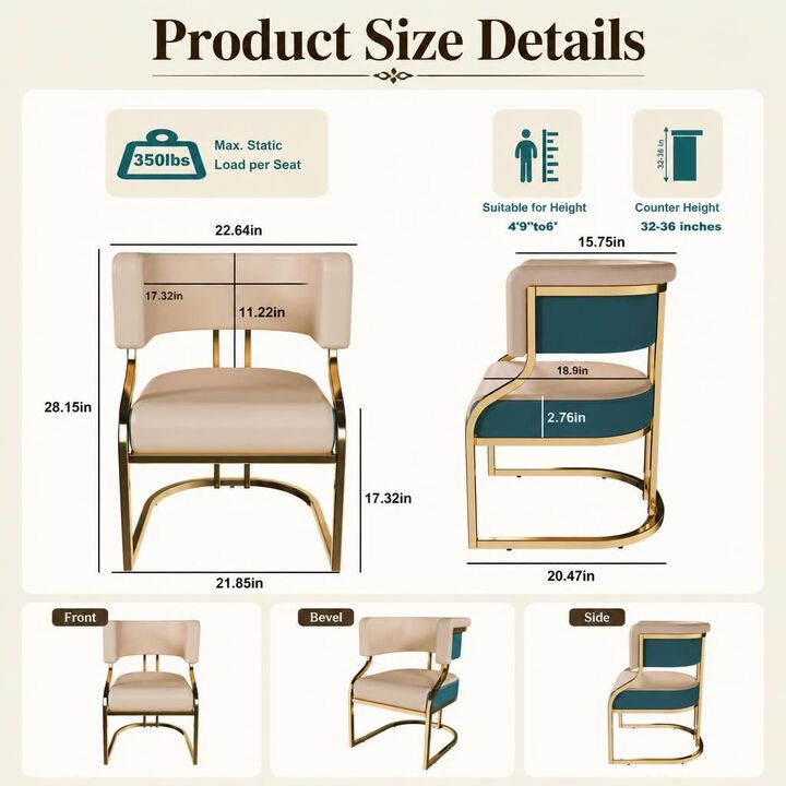 GOODSILO Armless Modern Dining Accent Chairs Set of 2 with Gold Plated Iron Frame PU Upholstered Cushion Ergonomic Curved Backrest for Dining Room Kitchen