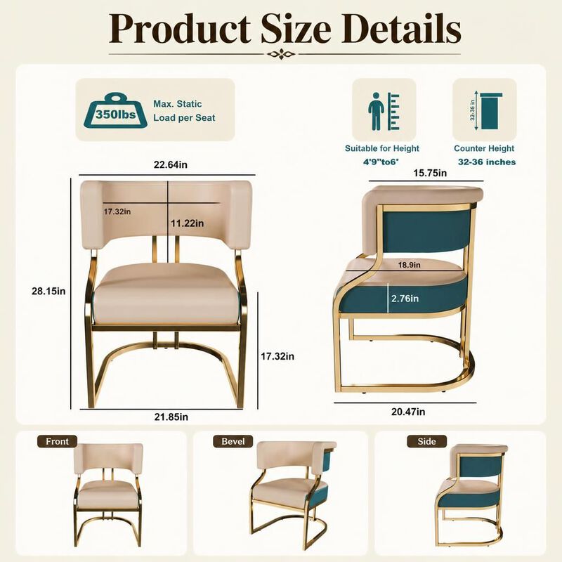 GOODSILO Armless Modern Dining Accent Chairs Set of 2 with Gold Plated Iron Frame PU Upholstered Cushion Ergonomic Curved Backrest for Dining Room Kitchen image number 1