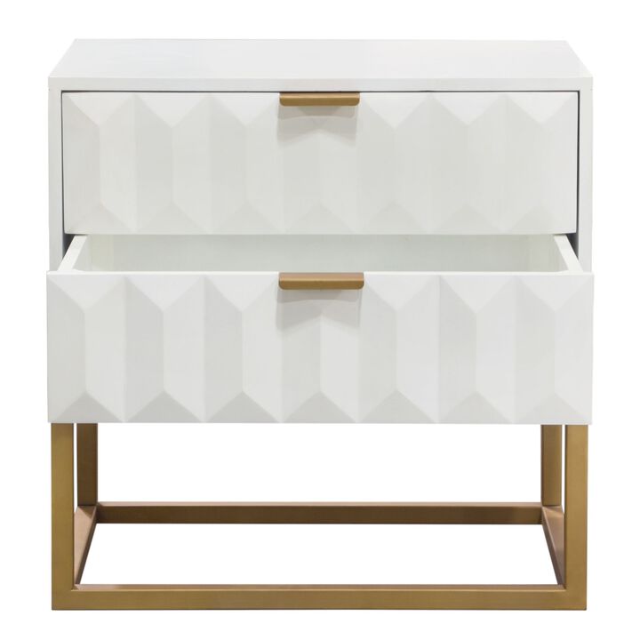 Fiva Nightstand, 2 Drawers, White Solid Mango Wood, Gold Iron Legs