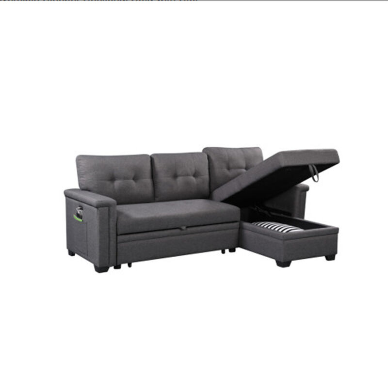 Dark Gray Reversible Sleeper Sectional Sofa with Storage Chaise, USB Charging Ports and Pocket