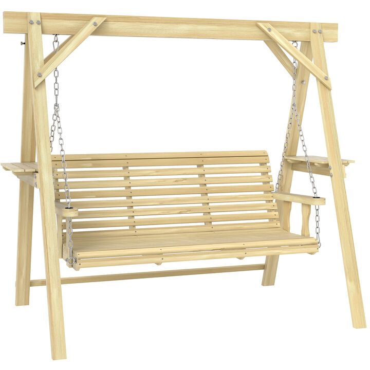 Hivvago 3-Seat Wooden Porch Swing with Stand & Side Tables