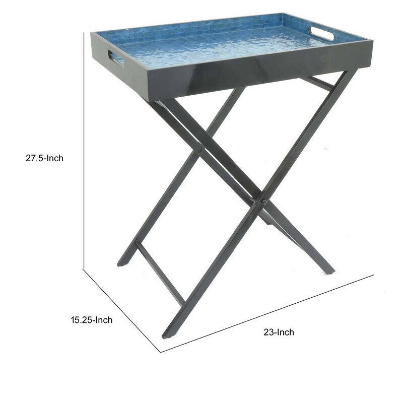 Dain 28 Inch Serving Tray Table, Foldable, Black Metal Stand, Blue Finish - Benzara