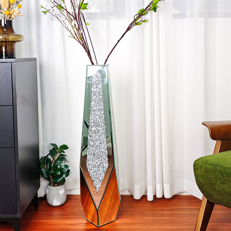 XL Floor Vase Sparkle Diamond Crushed Silver Mirrored Vase Bevelled Border Base image number 6