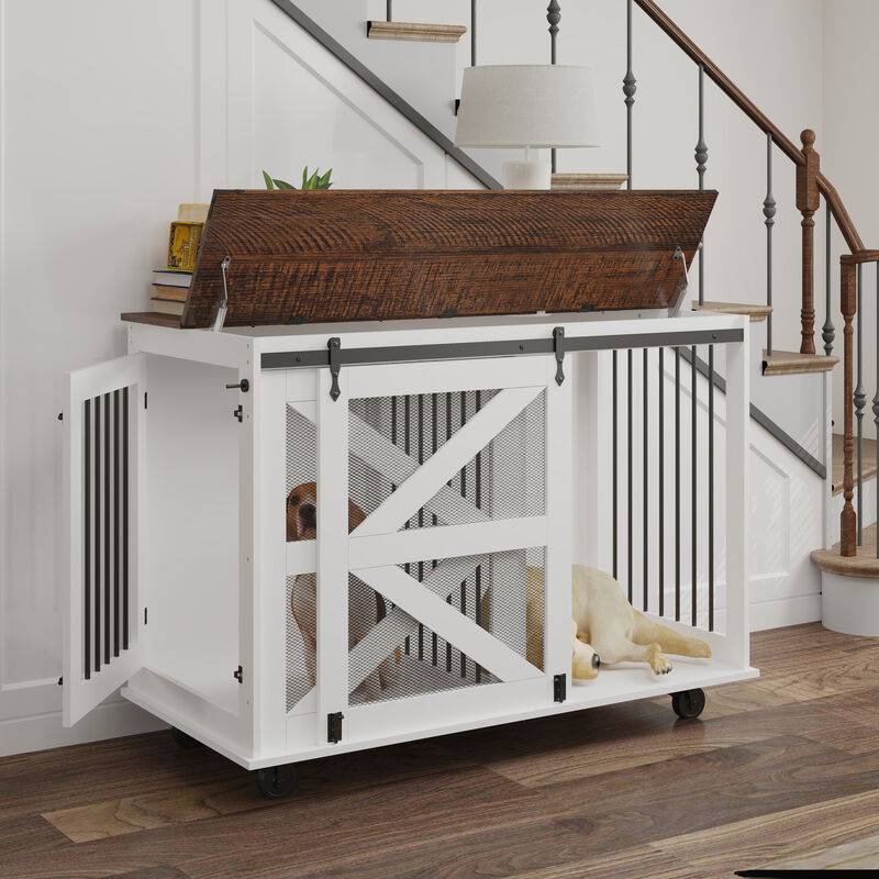 47.2" Mobile Dog Crate with Flip-Top Feeding Door, Dual-Access & 5 Caster System, Side Hooks image number 2