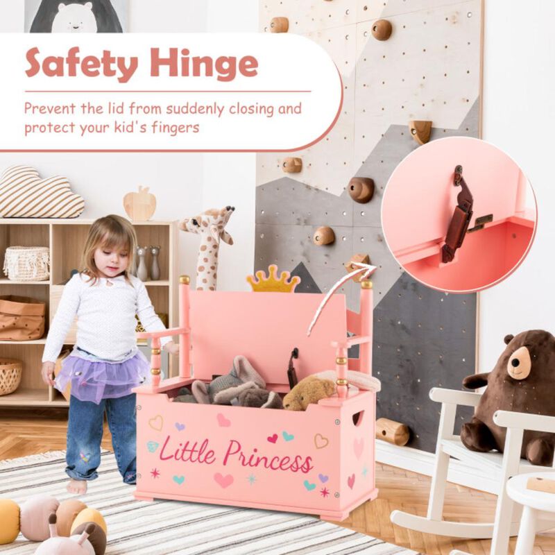 Hivvago 2-In-1 Kids Princess Wooden Toy Box with Safe Hinged Lid