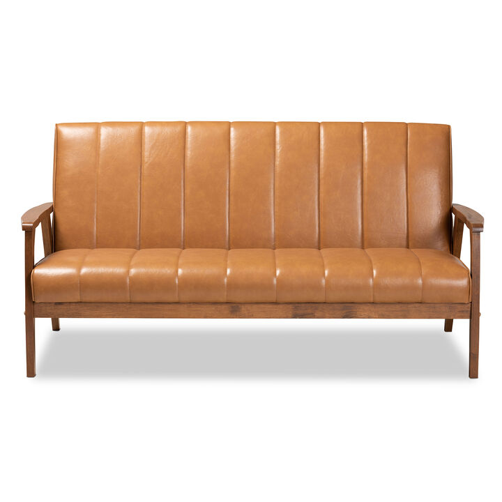Nikko Mid Century Faux Leather Upholstered Wood Sofa