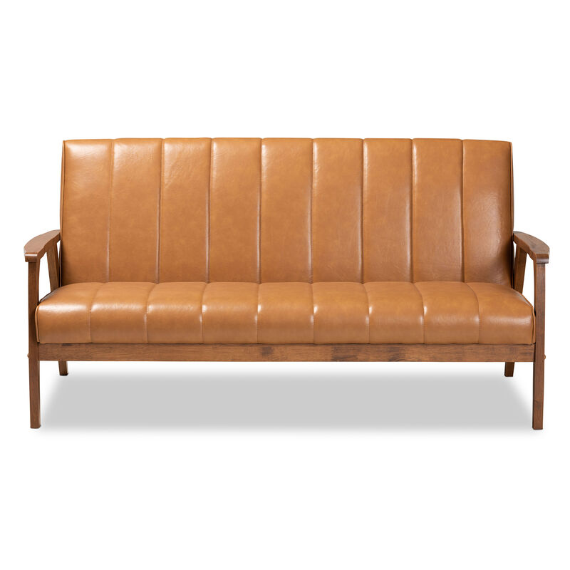 Nikko Mid Century Faux Leather Upholstered Wood Sofa image number 0